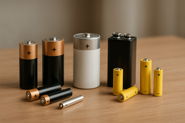 Verschiedene Batterietypen auf einem Tisch zur Ansicht Bild