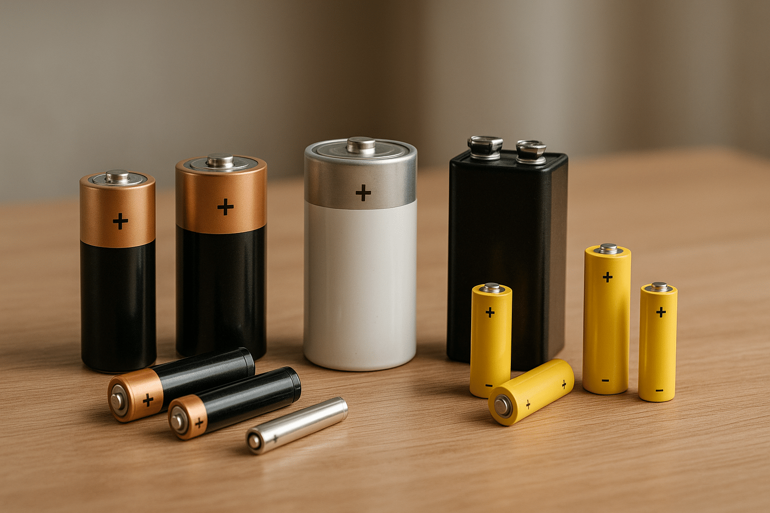 Verschiedene Batterietypen auf einem Tisch zur Ansicht Bild