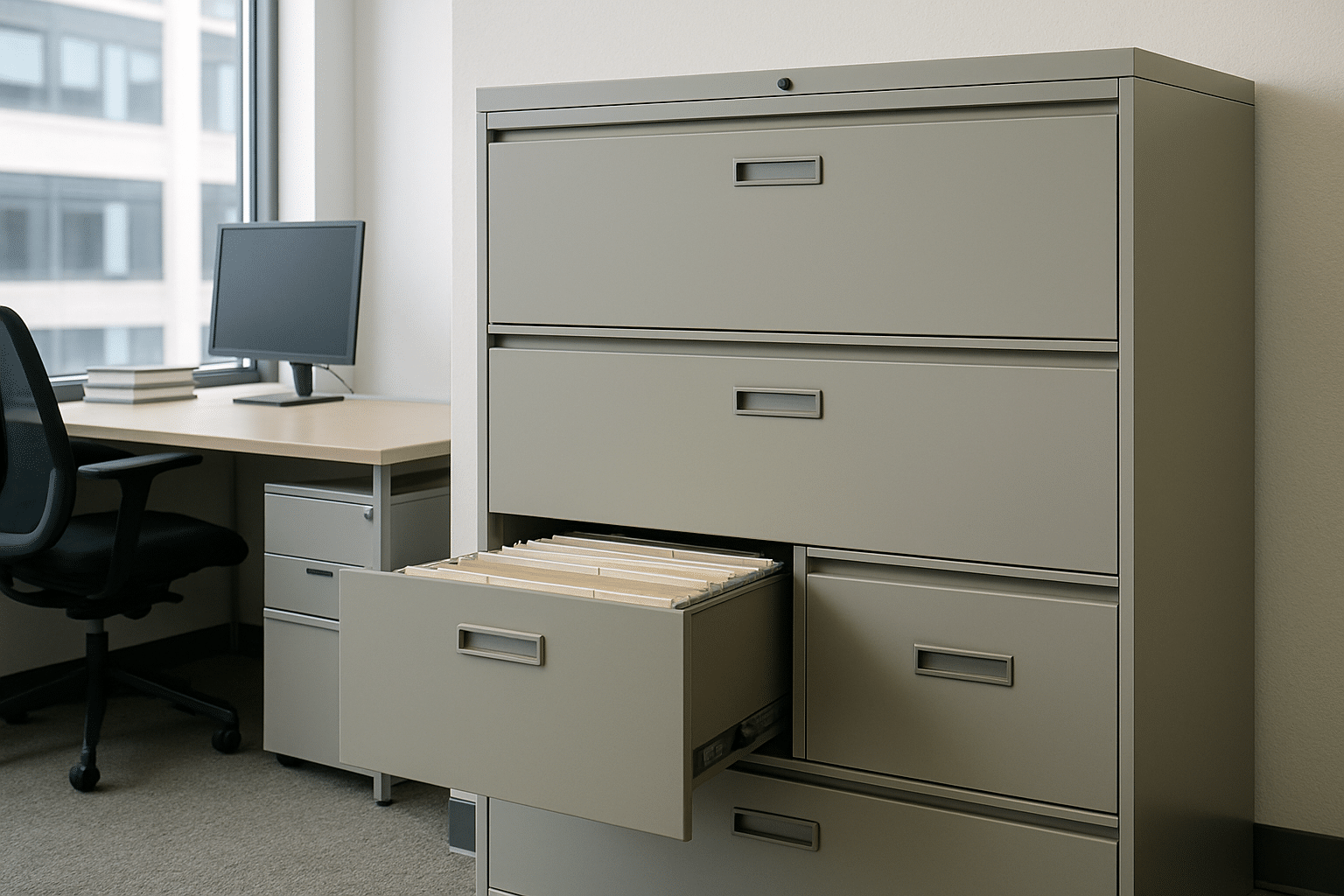 Moderner Aktenschrank mit Schubladen im Büro für Ordnung