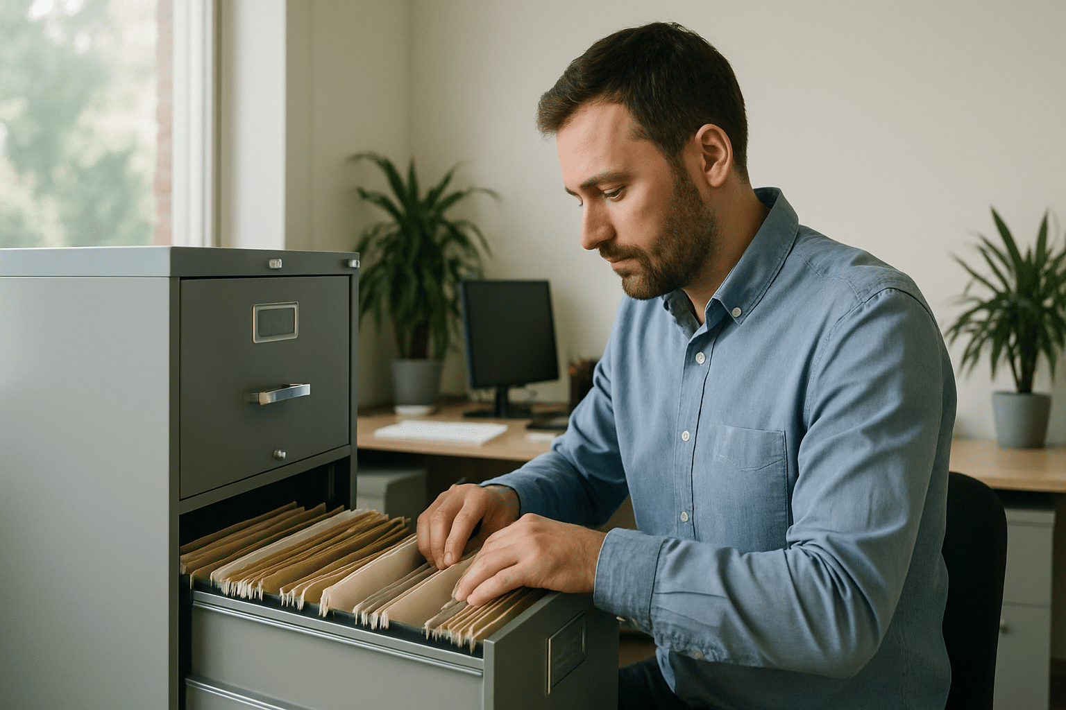 Büroangestellter organisiert Dokumente im Aktenschrank bei der Arbeit