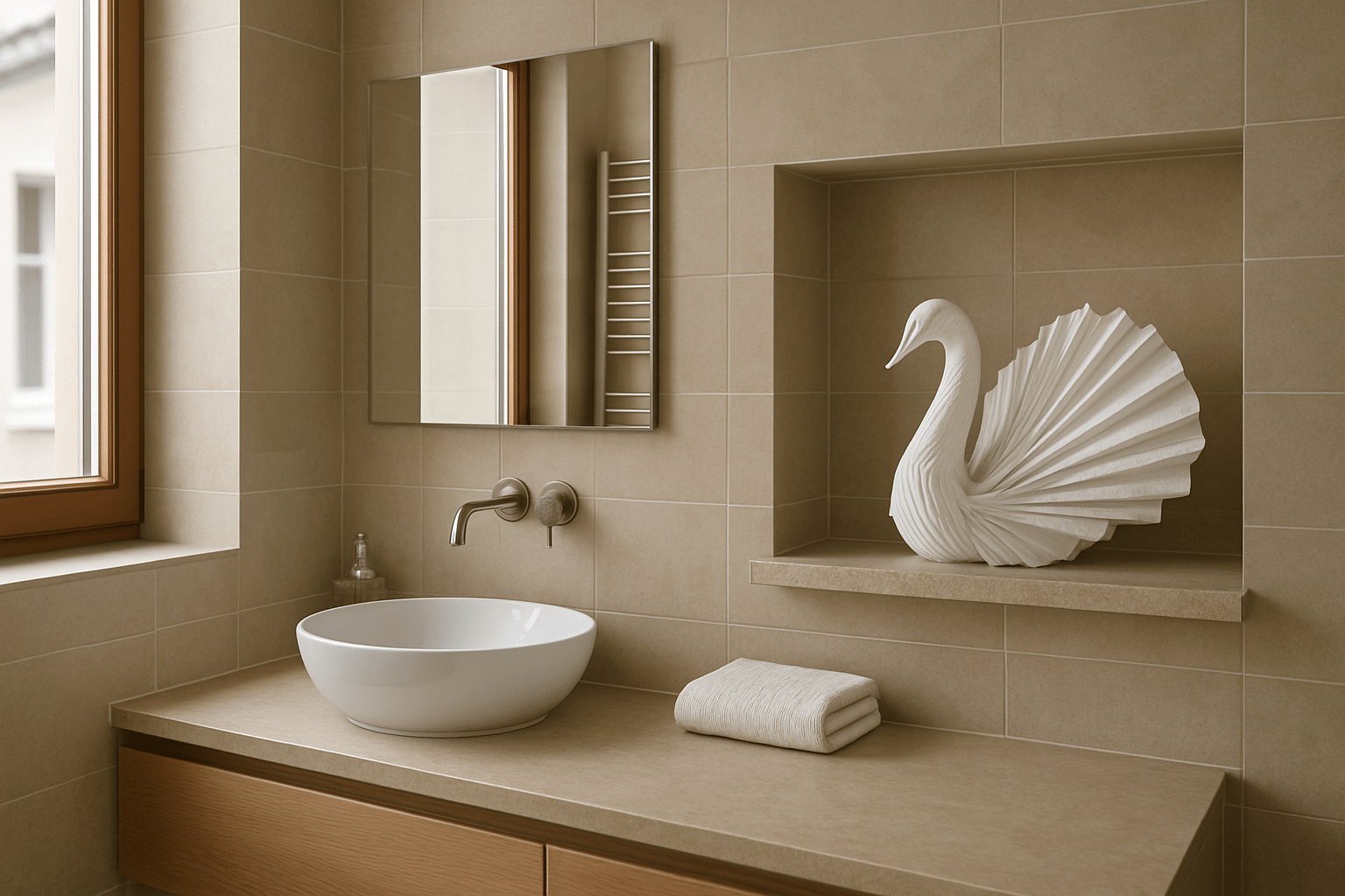 Elegantes Badezimmer mit kunstvoll gefalteten Papierhandtüchern im Regal