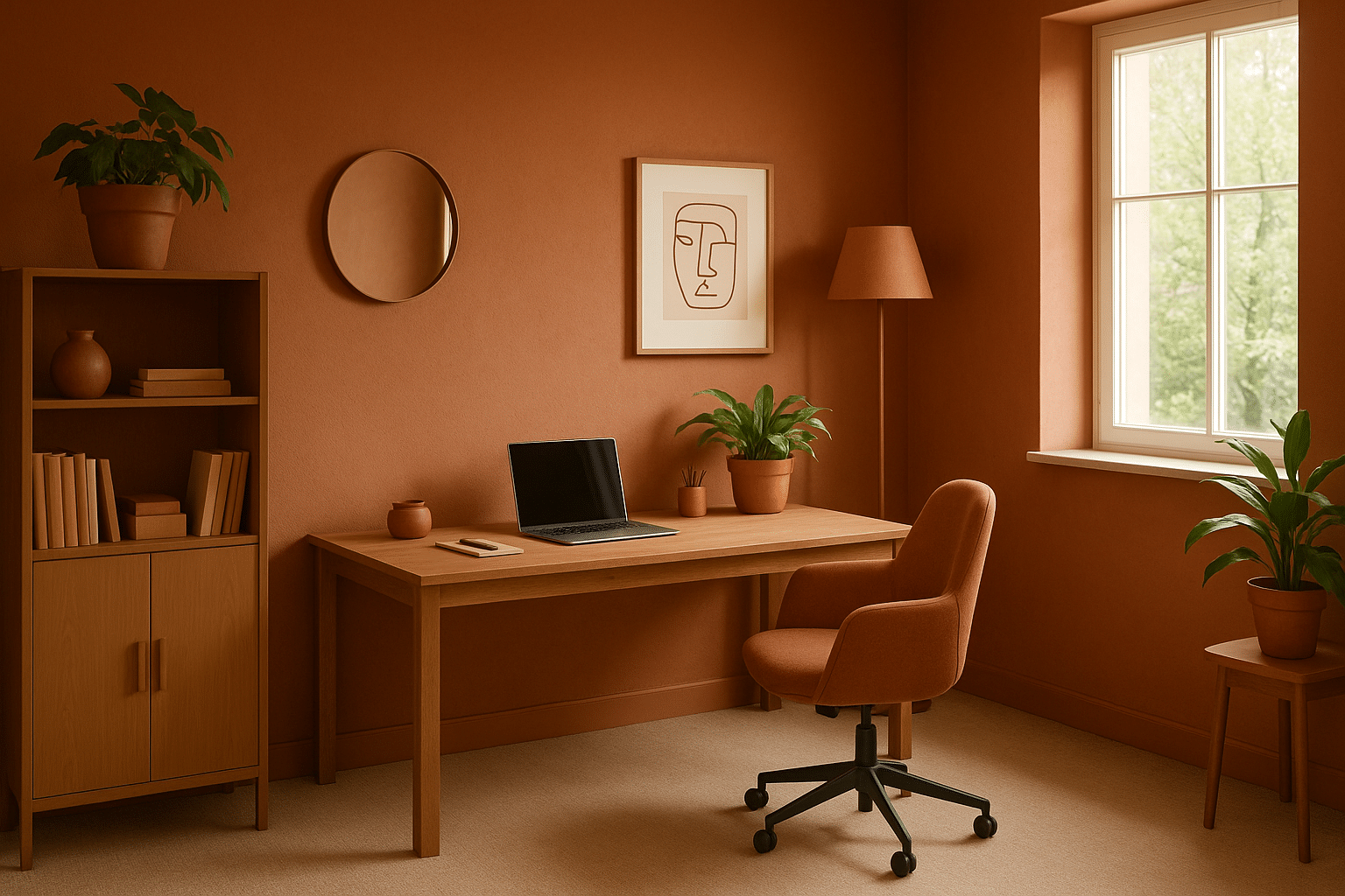 Büro mit TerrakottaAkzenten sorgt für kreative Atmosphäre Bild