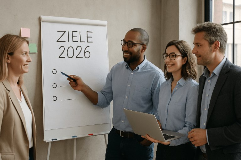 Berufstätige arbeiten gemeinsam an Zielen für die Zukunft