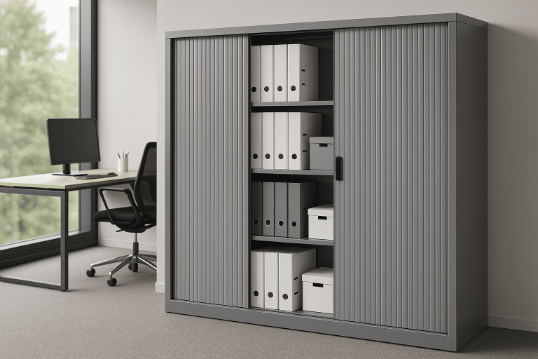 Rollladenschrank spart Platz und organisiert modernes Büro Bild