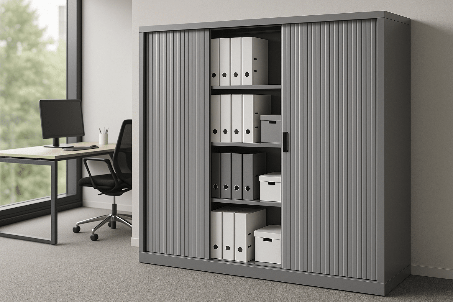 Rollladenschrank spart Platz und organisiert modernes Büro Bild