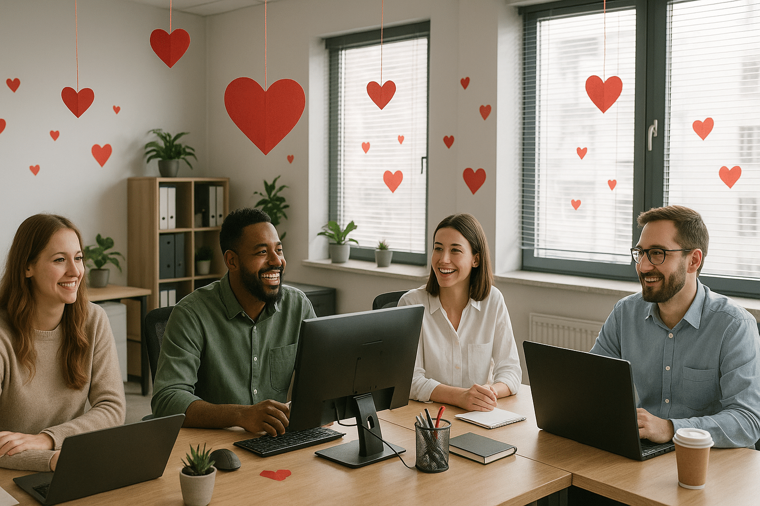 Kollegen feiern Valentinstag mit Charme im B&uuml;roalltag Bild