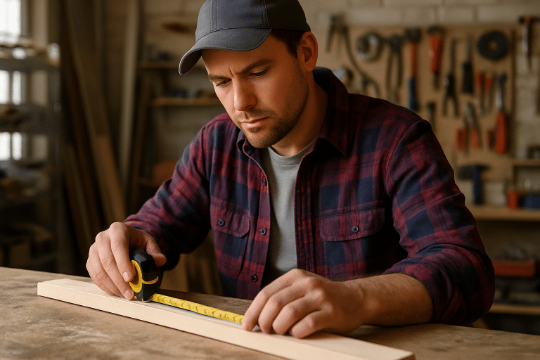 Heimwerker misst Holzstück genau in der Werkstatt ab