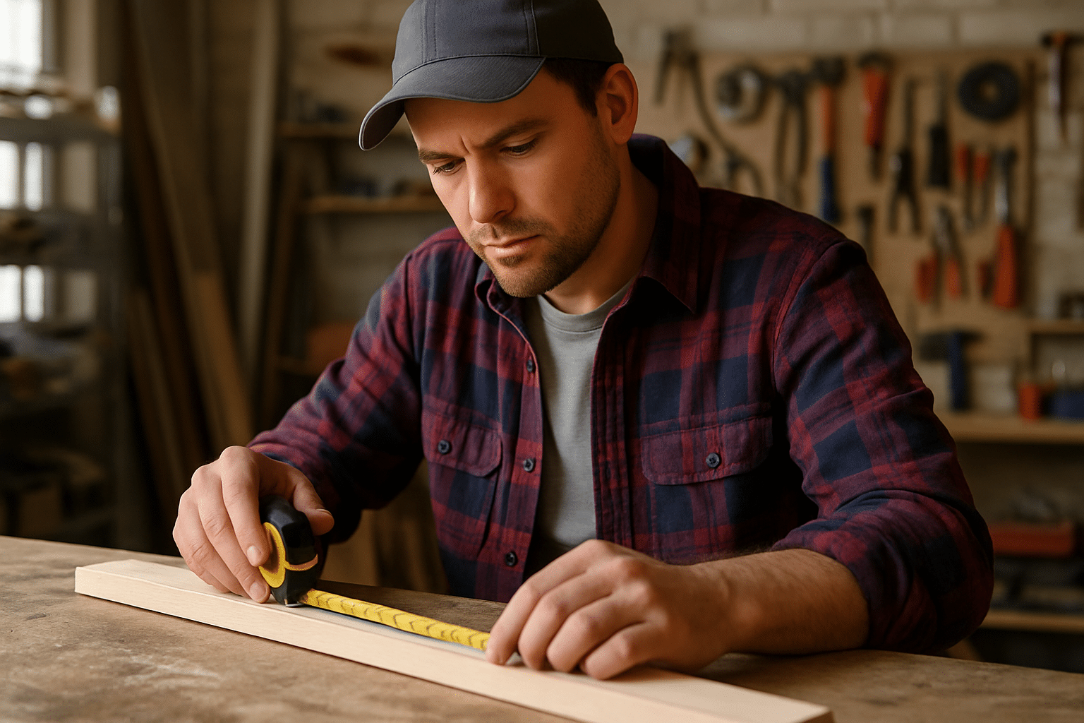 Heimwerker misst Holzst&uuml;ck genau in der Werkstatt ab