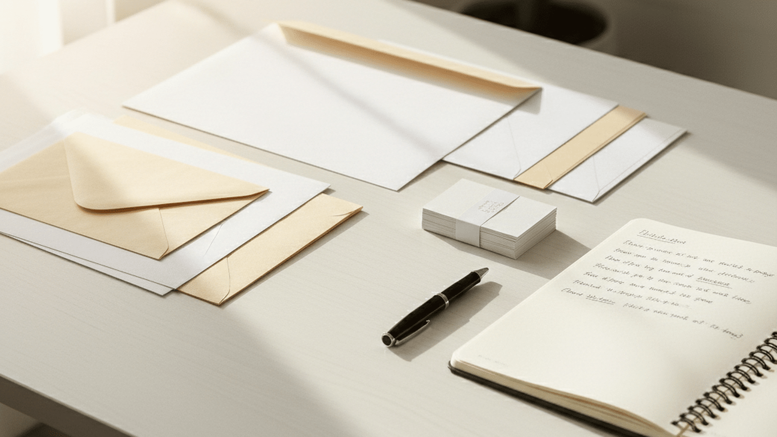 Flat-lay of assorted brief envelopes and a black pen on a clean white desk, showcasing a minimalist workspace.