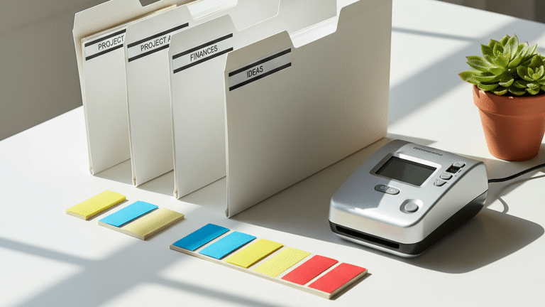 Flat-lay of labeled file folders and colorful adhesive labels on a clean white desk.