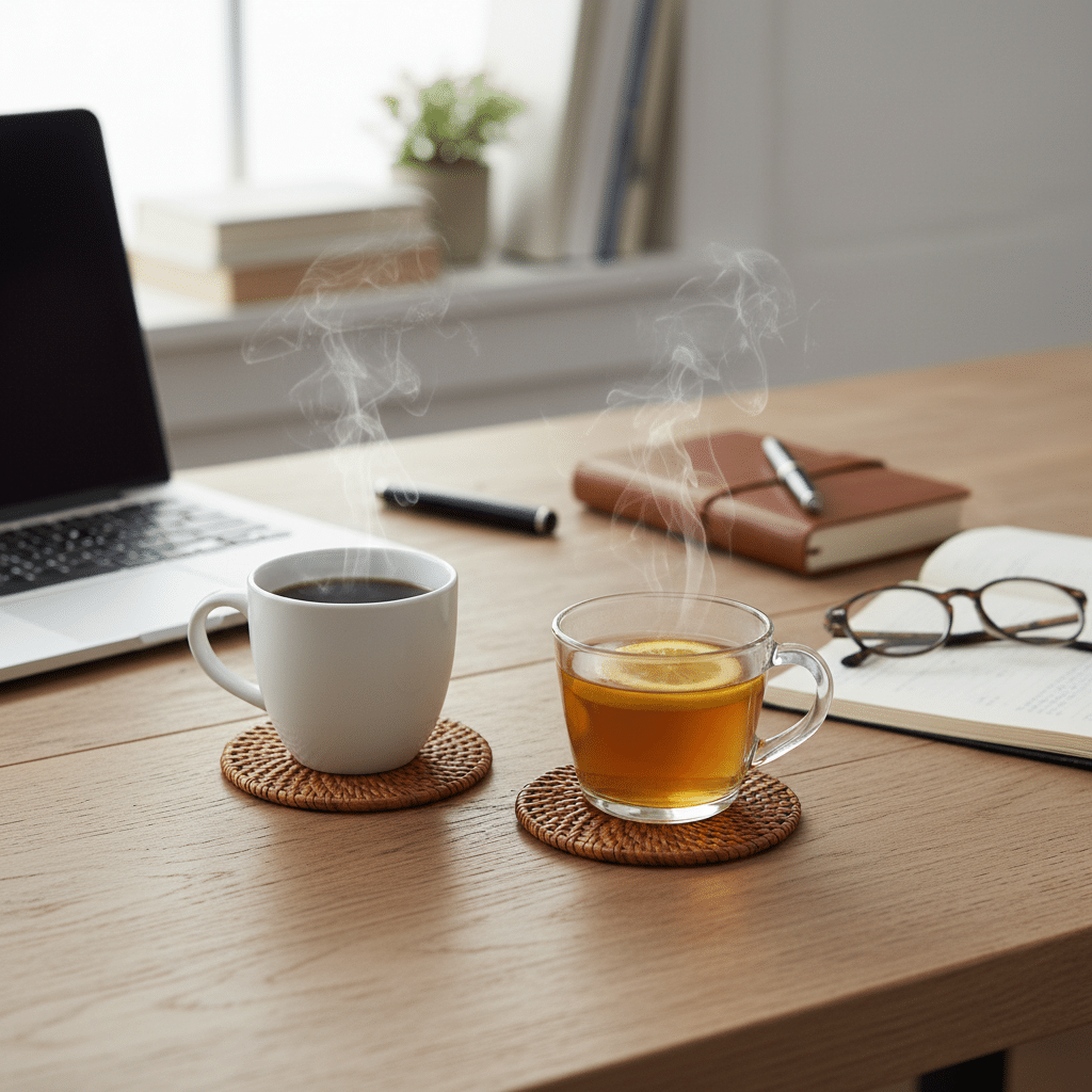Kaffee und Tee nebeneinander auf dem Schreibtisch Bild