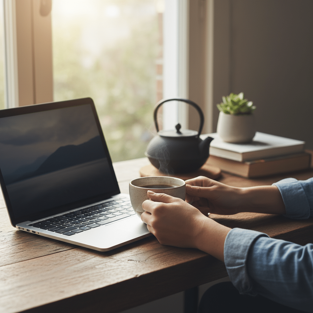 Kaffeezeit am Schreibtisch mit Laptop und Teekanne Bild