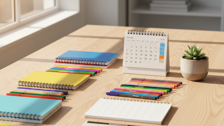 Colorful office supplies arranged on a clean wooden desk in a bright, organized workspace.
