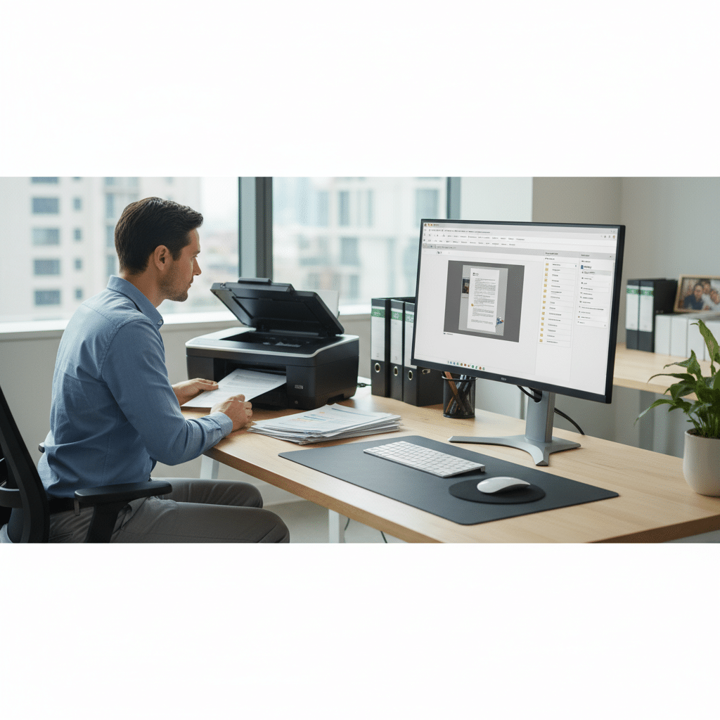 Mitarbeiter digitalisiert Dokumente am Computerbildschirm im B&uuml;ro Bild