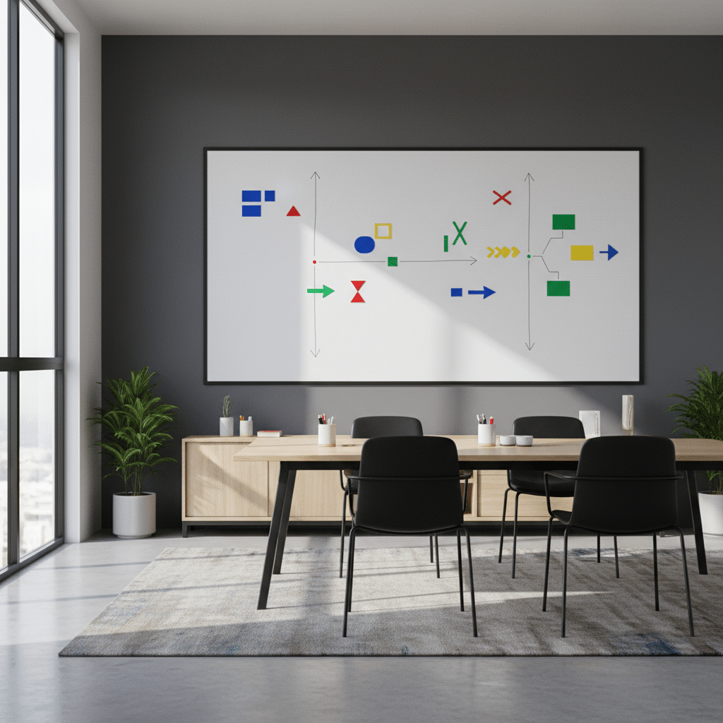 Modernes B&uuml;ro mit einem magnetischen Whiteboard an der
