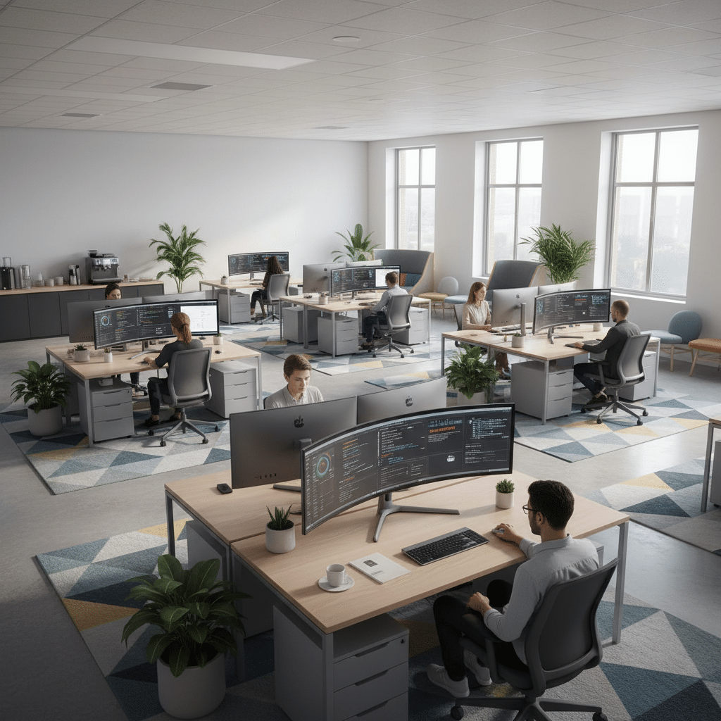 Modernes B&uuml;ro mit digitalem Workflow und engagierten Mitarbeitern