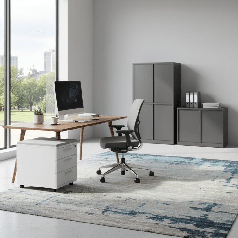 Modernes Büro mit Rollcontainer und Aktenschrank im Hintergrund