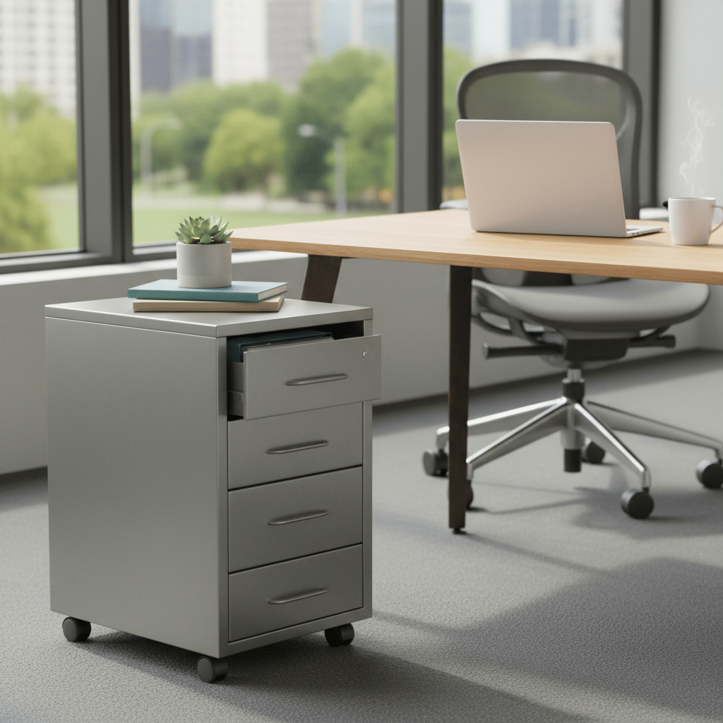 Rollcontainer im B&uuml;ro neben einem modernen Schreibtisch platziert