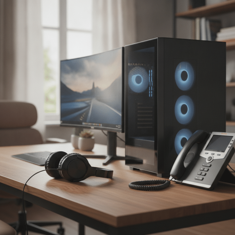 Modernes Headset neben Computer und Tischtelefon auf Schreibtisch