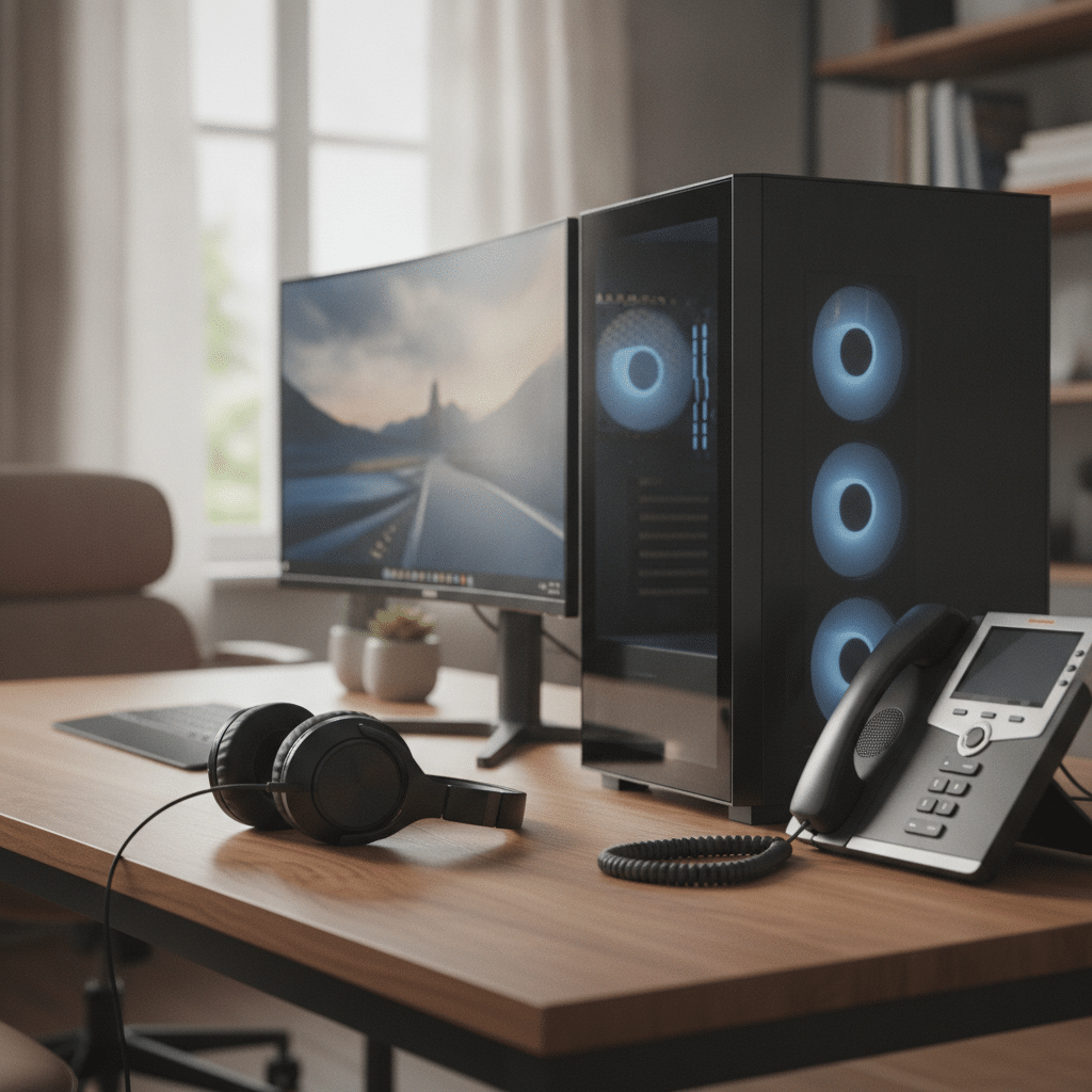 Modernes Headset neben Computer und Tischtelefon auf Schreibtisch