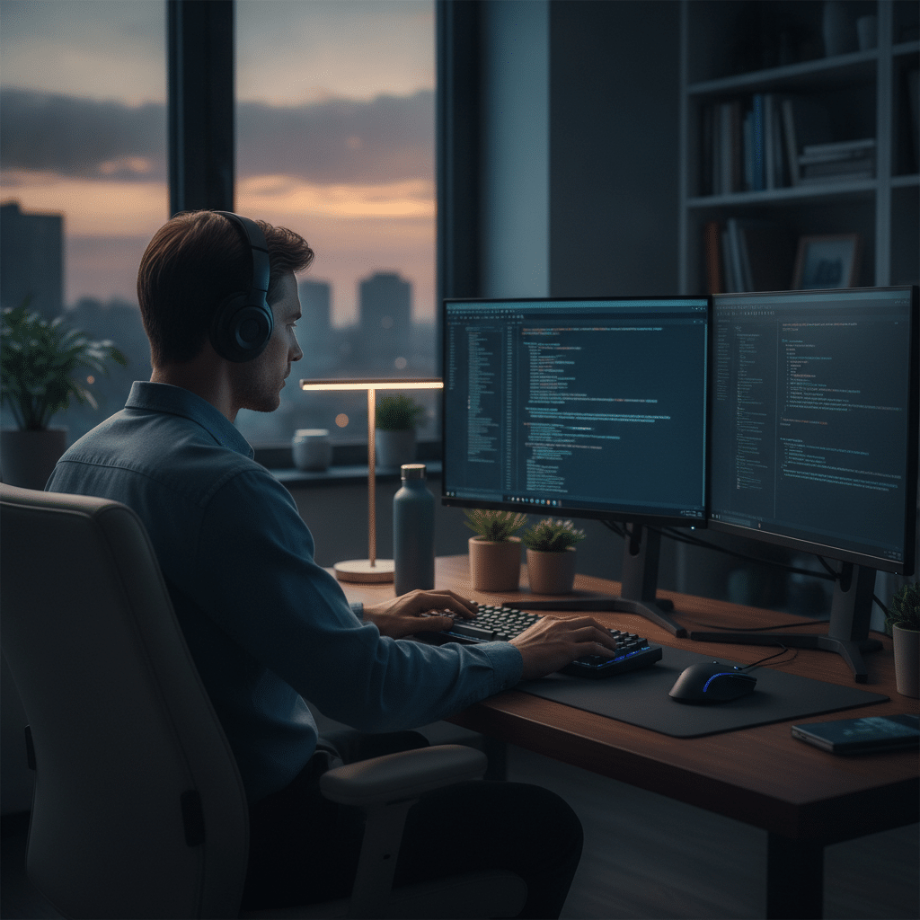 Konzentriertes Arbeiten am PC mit einem Headset Bild