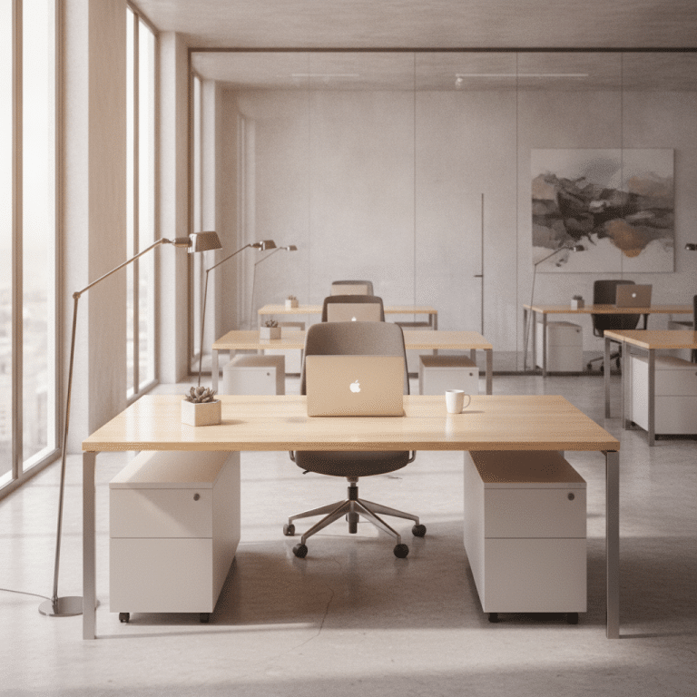 Modernes Büro mit sauberem Schreibtisch und glänzenden Oberflächen