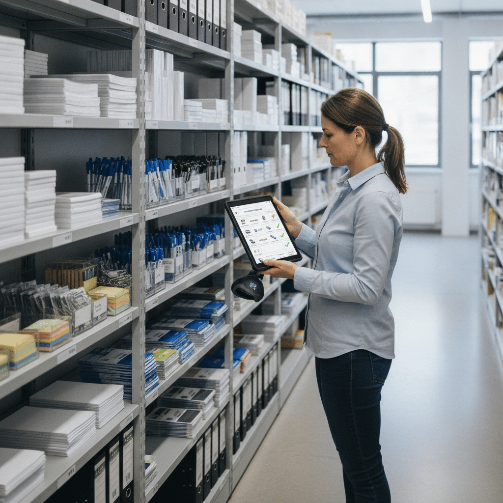 Mitarbeiter &uuml;berpr&uuml;ft digitalen Bestand an B&uuml;romaterial im B&uuml;ro
