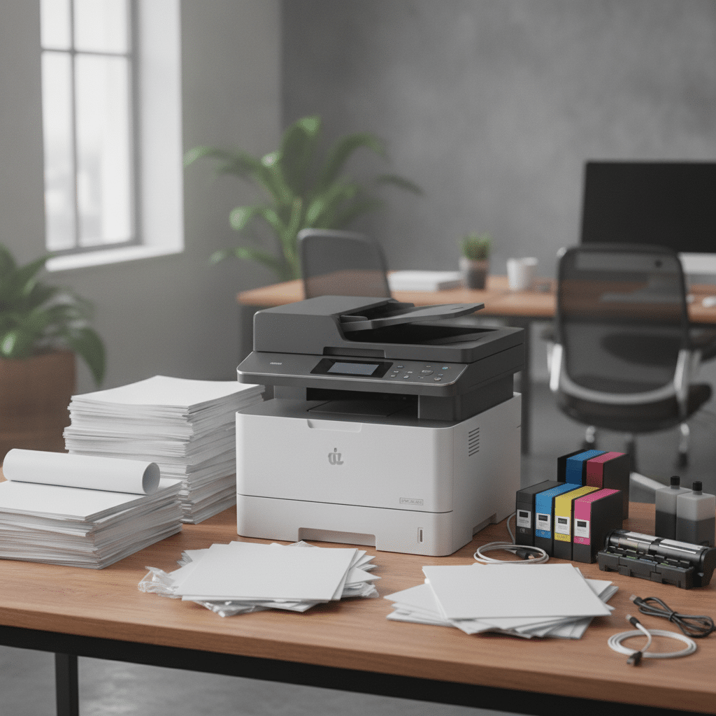 Drucker im modernen B&uuml;ro mit Zubeh&ouml;r und Papier