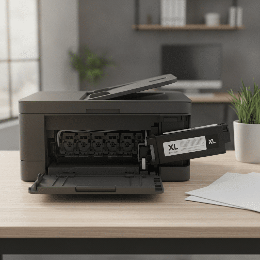 Ein Drucker mit ge&ouml;ffneter Klappe und XLPatrone Bild