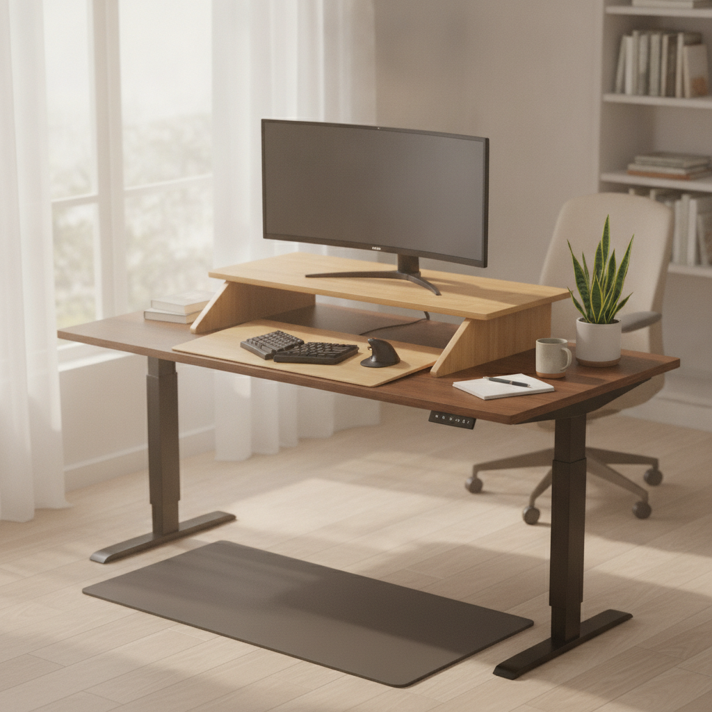 Ergonomischer Arbeitsplatz mit Monitorst&auml;nder und StehschreibtischKonverter Bild Bild