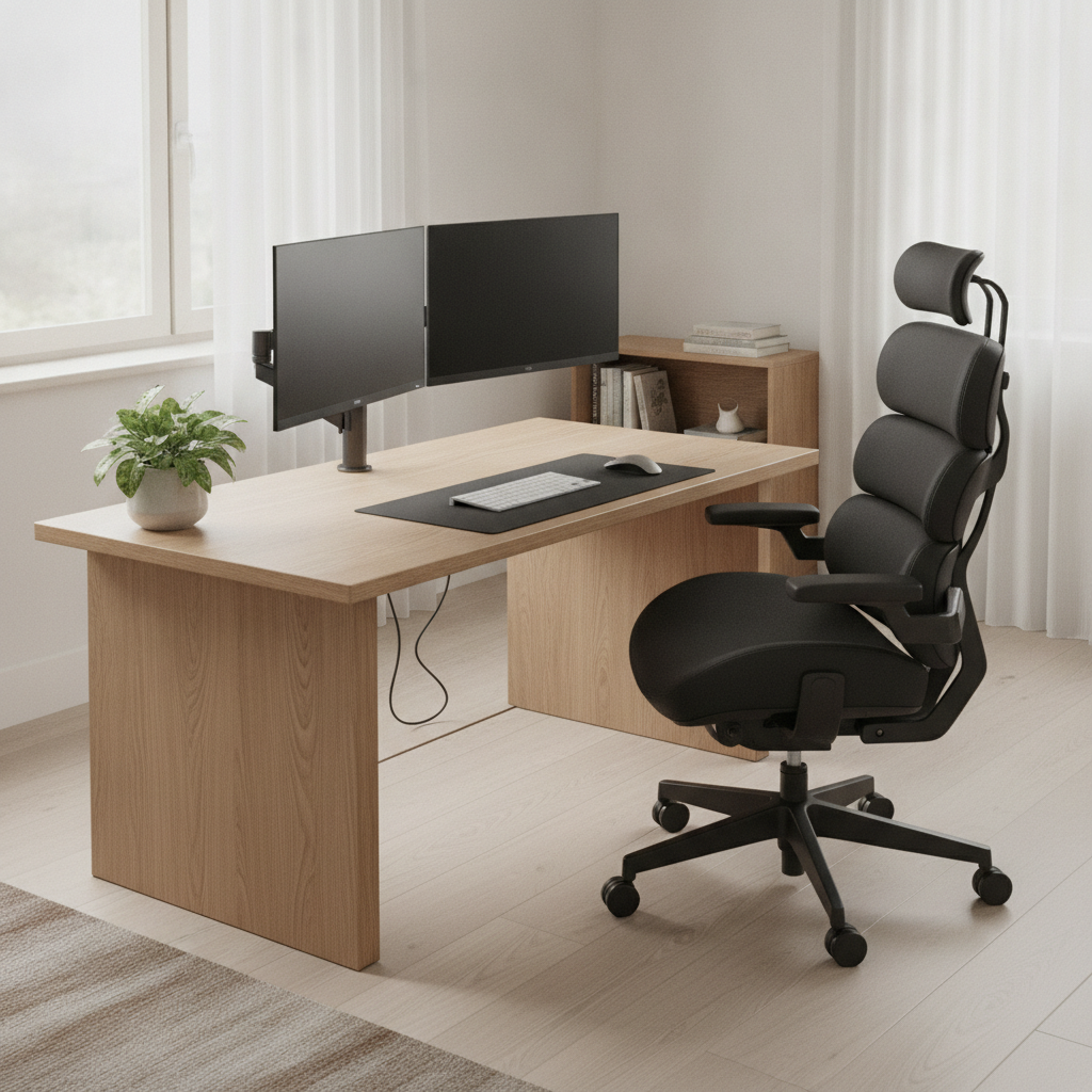 Ergonomischer Arbeitsplatz mit optimal eingestelltem B&uuml;rostuhl ausgestattet Bild
