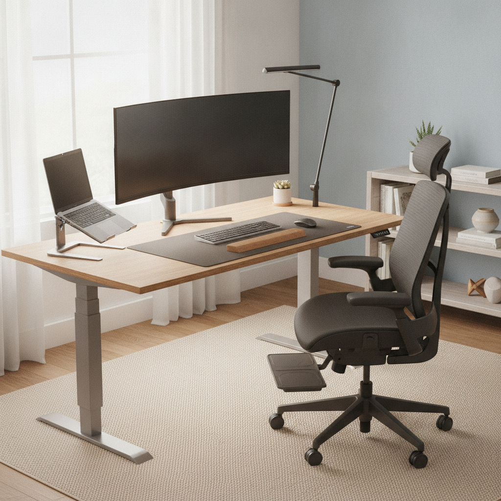 Ergonomischer Arbeitsplatz mit h&ouml;henverstellbarem Tisch und Stuhl Bild