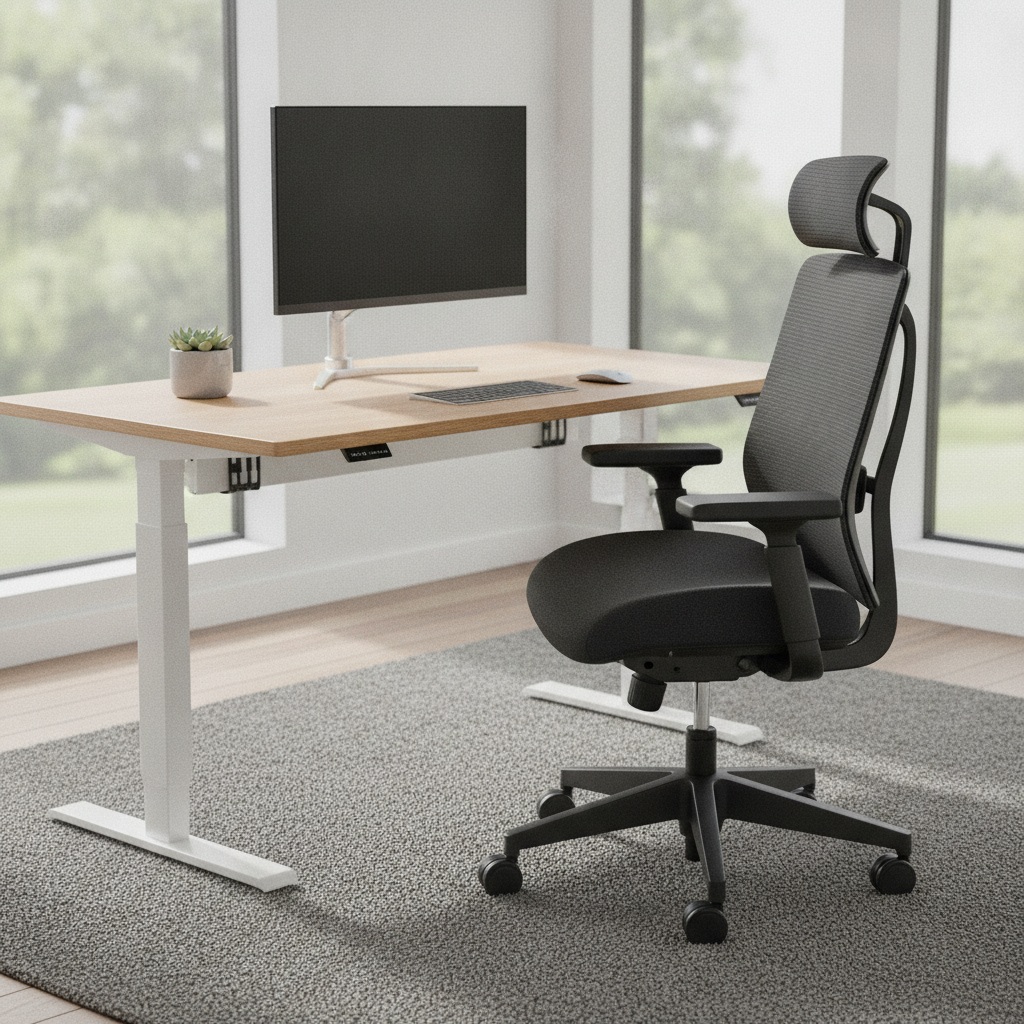 Ergonomischer B&uuml;rostuhl und h&ouml;henverstellbarer Schreibtisch im Fokus Bild