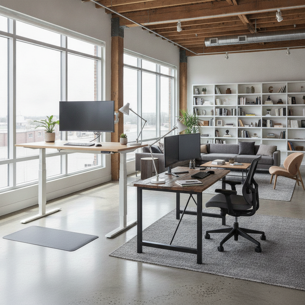 Stehschreibtisch und Sitzschreibtisch nebeneinander im modernen B&uuml;ro Bild