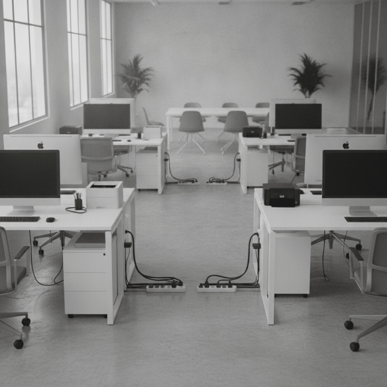 Modernes Büro mit Computern und Überspannungsschutzgeräten gesichert Bild