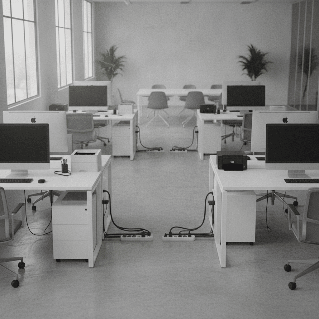 Modernes B&uuml;ro mit Computern und &Uuml;berspannungsschutzger&auml;ten gesichert Bild