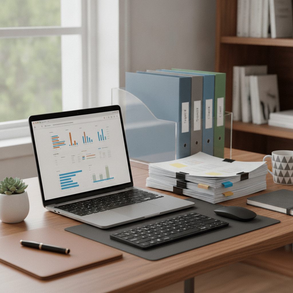 Effizientes Arbeiten mit geordneten Dokumenten und Laptop Bild